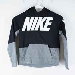 NIKE Boys Size 7 Spell Out Hoodie Gray Black Dri Fit Pockets Sweatwshirt